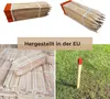 Collage of wooden stakes, some bundled and some in the ground, with text indicating they are made in the EU. Produktbild-Vorschau