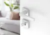 A modern door handle with a key inserted into the lock, set against a white background. The background on the left is blurred, showing a living room interior with a sofa and plants. Produktbild-Vorschau