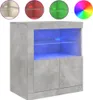 A concrete gray sideboard with blue LED lighting, shown against a white background. Small circular insets at the top show different lighting colors. Produktbild-Vorschau