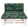 A two-piece cushion set for a pallet sofa, featuring a tropical leaf pattern, placed on a white pallet base against a white background. Náhled obrázku produktu