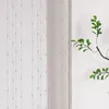 A close-up of a sheer curtain with a subtle dotted pattern, with a branch of green leaves on the right side against a white background. Produktbild-Vorschau