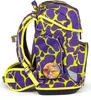 A side view of a purple and yellow giraffe-patterned backpack. Anteprima dell’immagine prodotto