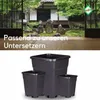 A Japanese garden scene with text overlay, followed by three black square planters of varying sizes on a white background. Produktbild-Vorschau