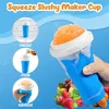 A collage showing the steps to make a slushy with a blue maker cup, along with a close-up of the finished product and fruit. Podgląd zdjęcia produktu