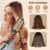 A woman using a hair dryer brush, with before and after pictures of hair. Produktbild-Vorschau