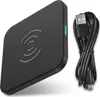 A black wireless charging pad and a black USB cable are shown against a white background. Produktbild-Vorschau