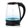 A glass electric kettle with a black lid, handle, and base, sitting on a white background. The kettle has blue illumination at the bottom. Náhľad obrázku produktu