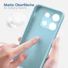 A hand is touching the inside of a light blue phone case, highlighting its matte surface and soft grip. Produktbild-Vorschau