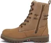 A side view of a tan lace-up boot with a zipper. Voir les images du produit