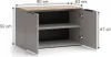 A 3D render of a gray cabinet with a wood-effect top and two open doors, showing two shelves inside. Dimensions are indicated with lines and text. Produktbild-Vorschau