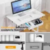 A collage of images showing a white height-adjustable desk with a computer setup, a drawer with headphones and magazines, and comparison shots of desk legs. Podgląd zdjęcia produktu