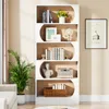 A white, modern, 5-tier bookshelf filled with books, decorative items, and a bust sculpture, placed in a well-lit room with a plant and a framed picture on the wall. Produktbild-Vorschau