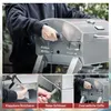 A collage showing a person using a portable gas grill, with close-ups of its features. Produktbild-Vorschau