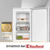 An open white freezer with various food items inside, alongside award badges and a logo indicating where the product is sold. Produktbild-Vorschau