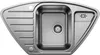 A top-down view of a stainless steel corner sink. Náhled obrázku produktu