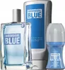 A set of AVON Individual Blue cosmetic products including a perfume bottle, body wash, and roll-on deodorant, displayed against a white background. Produktbild-Vorschau