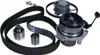 A set of automotive engine components including a timing belt, tensioners, and a water pump, laid out on a white background. Anteprima dell’immagine prodotto
