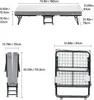 Collage of images showing a foldable bed with dimensions and folded views. Náhled obrázku produktu