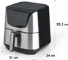 A silver and black air fryer is shown from a three-quarter angle on a white background, with dimensions indicated by dashed lines and text. Náhľad obrázku produktu