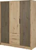 A three-door wardrobe with a wood-effect finish and black slatted accents. Náhled obrázku produktu