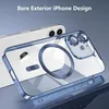 A clear iPhone case with a blue metallic rim is shown in the foreground, with a white iPhone in the background. The case has a magnetic ring for MagSafe charging. Produktbild-Vorschau