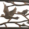 A close-up of a decorative metal bench with bird and branch motifs. Produktbild-Vorschau