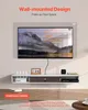 A wall-mounted TV stand with a TV mounted above it, showcasing different TV sizes. Voir les images du produit