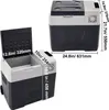 Two views of a portable car refrigerator with dimensions labeled. Voir les images du produit
