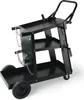 A black welding cart with three shelves and two chains for holding gas cylinders, shown against a white background. Produktbild-Vorschau