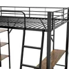 A close-up view of a black metal loft bed with a wooden desk and shelves attached. Produktbild-Vorschau