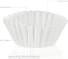 A white pleated coffee filter shown from a slightly elevated side angle, with text annotations indicating its size, capacity, and compatibility. Produktbild-Vorschau