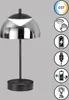 A modern black table lamp with a silver dome-shaped shade, shown against a plain gray background with feature icons on the right. Produktbild-Vorschau