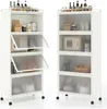 Two white metal kitchen storage shelves with clear ribbed doors are shown side-by-side against a white background. The shelves are filled with various kitchen items. Produktbild-Vorschau