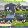 A collage of four images showing a pop-up gazebo/tent being used in different outdoor settings: camping, garden party, beach party, and picnic. Produktbild-Vorschau