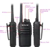 Three views of a black Retevis RT21 walkie-talkie with labels pointing out its features. Náhled obrázku produktu