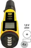 A yellow and black liquid analyzer with a digital screen and buttons, next to battery information. Produktbild-Vorschau