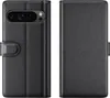 A black leather flip case for a smartphone, shown from the front and back. Produktbild-Vorschau
