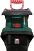 A close-up, front-facing view of a green and black electric shredder with a red handle and red knob. Produktbild-Vorschau