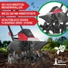 A garden tiller is shown in operation in soil, with promotional text overlays highlighting its features. Produktbild-Vorschau