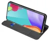 A black flip case for a Samsung Galaxy A52 phone is shown in a studio setting, angled to display the phone's screen and the case's card slot. Anteprima dell’immagine prodotto