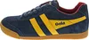 A side view of a blue Gola Harrier sneaker with yellow stripes. Produktbild-Vorschau