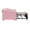 Side view of a pink sofa bed with the mattress frame extended. Produktbild-Vorschau