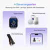 Collage showing four different ways to control a smart device: Apple Watch, voice control with smart speakers, a remote control, and a smartphone app. Produktbild-Vorschau