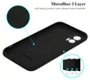 The inside of a black phone case is shown, with close-up insets highlighting the microfiber lining and the layered material. Náhled obrázku produktu