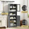 A gray bathroom cabinet with multiple shelves and doors, showcasing its storage capacity and adjustable shelves. Various bathroom products are displayed on the shelves. Náhľad obrázku produktu