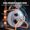 A close-up marketing image of a drain cleaning machine, highlighting its features with text overlays and icons. Náhľad obrázku produktu