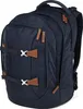 A navy blue backpack with brown leather accents is shown against a white background. Podgląd zdjęcia produktu