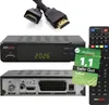 A collage of a satellite receiver, its remote control, and an HDMI cable, with a marketing badge. Produktbild-Vorschau