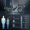 Diagram showing dimensions and specifications of an e-bike, along with human height comparisons and weight limits. Produktbild-Vorschau