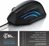A black ergonomic vertical mouse with blue LED accents, shown from a slightly elevated side angle, with a reflection on a white surface. Below the mouse image are two panels: one with the CSL logo and product description, and another with product details. Produktbild-Vorschau